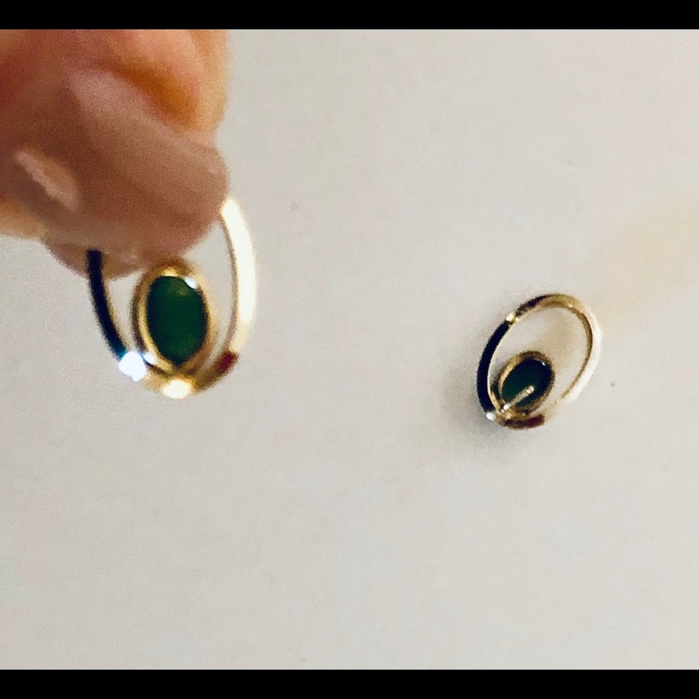 Gold Hoop Earrings with Green Stone - Picture 7 of 7